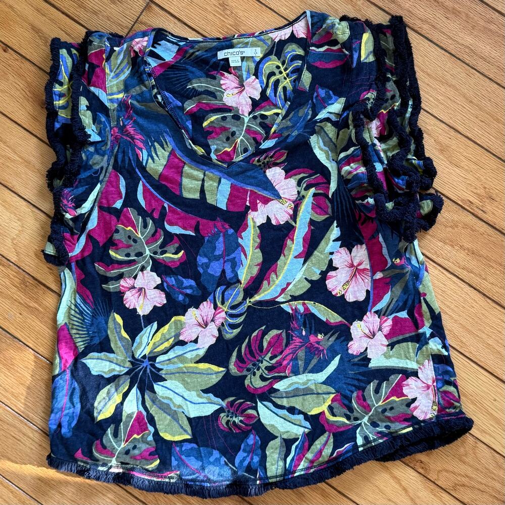 Chico’s Size 2 (L) Navy Tropical Floral Ruffle Sleeveless Blouse Top